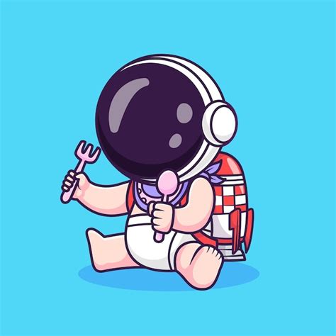 Bébé astronaute mignon tenant une fourchette et une cuillère avec un ...