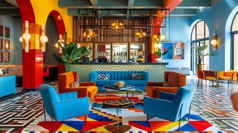 Hotel reception showcases vibrant colors and geometric patterns ...