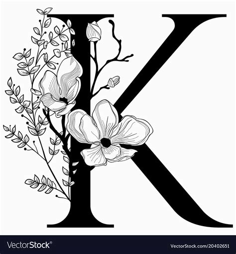 Hand drawn floral k monogram and logo Royalty Free Vector