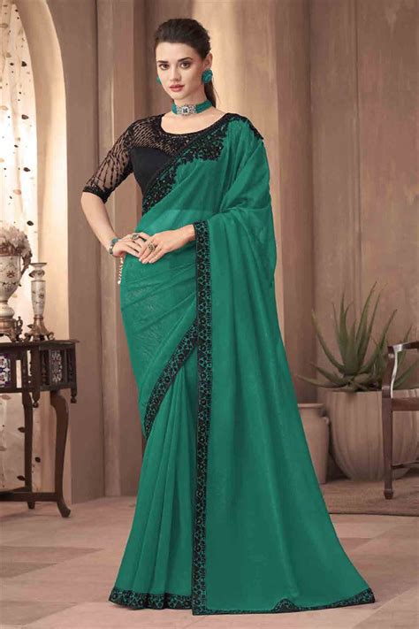 Buy Green Color Reception Wear Classic Lace Border Work Silk Fabric ...