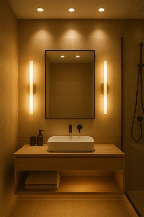 Warm and Minimalist Bathroom with Vertical Vanity Lighting in 2025 ...