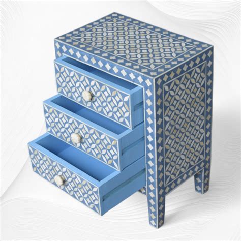 Geometric Bedside Bone Inlay 3 Drawer Blue – Luxury Handicrafts