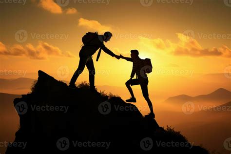 Success captured in silhouettes as one man helps another, teamwork AI ...