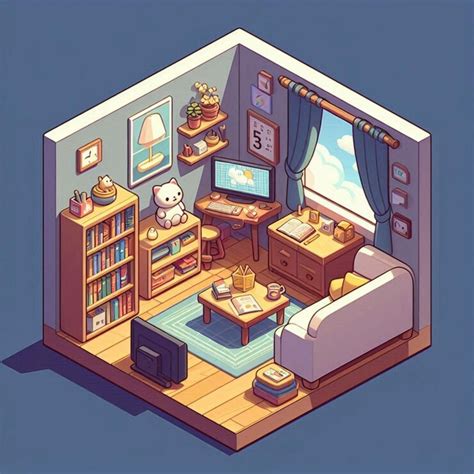 Isometric 3d room layout cozy storytelling corner toon shading ...