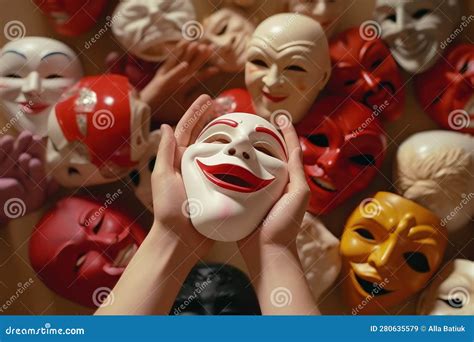 Fake Emotion, Play a Role Concept. Character Holds Masks Our Face with ...