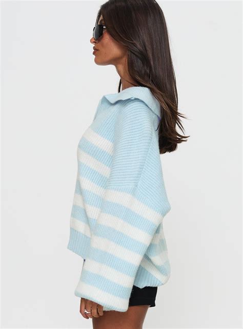 Carolena Long Sleeve Collared Knit Sweater Blue / White Stripe ...