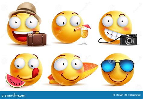 Summer Emoji Vector Set Design. Emojis Emoticon In Funny And Cute Faces With Summer Vacation ...
