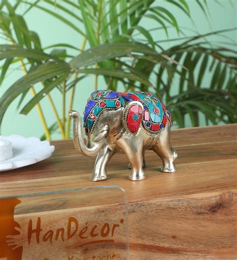 Buy Brass Handcrafted Gemstone Work 5 Inches Elephant Décor Showpiece ...
