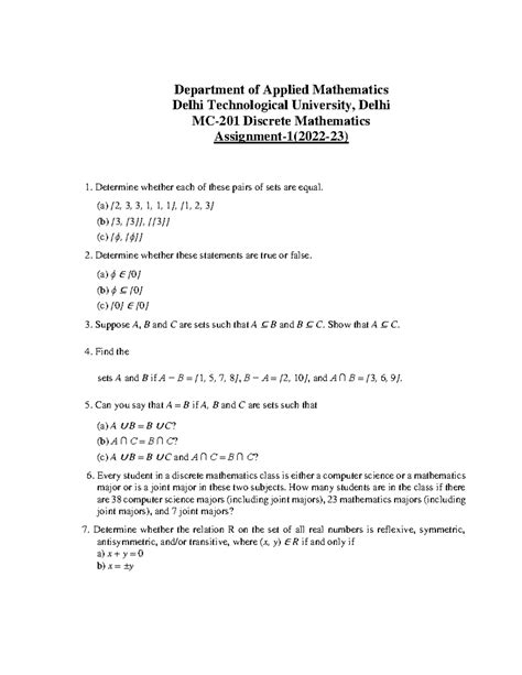 MC-201 Discrete Mathematics - Assignment 1 (2022-23) Answers - Studocu
