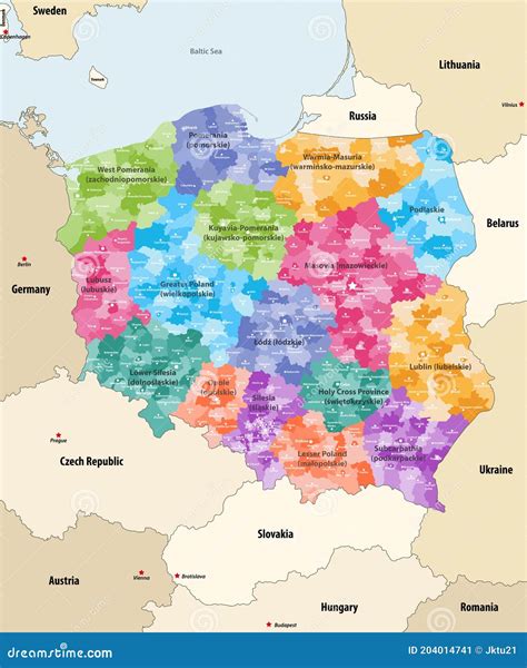 Vector Map of Poland Administrative Divisions Colored by Provincesknown ...