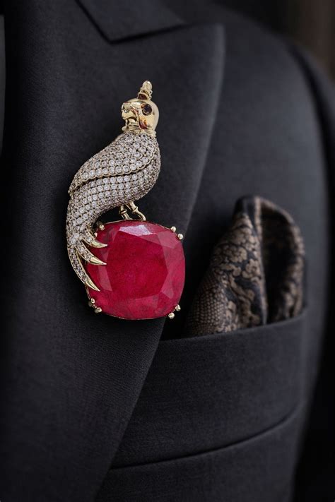 Antique Gold Finish Diamond and Ruby Royal Bird Unisex Brooch for Men ...