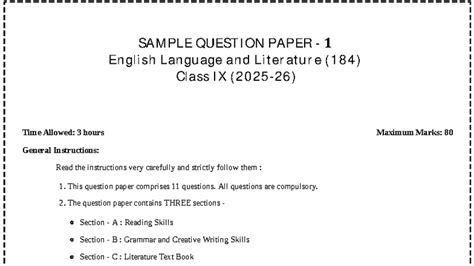 English Language and Literature (184) Class IX Sample Question Paper 1 ...
