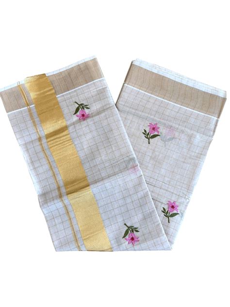 Southloom Kerala Tissue Kasavu Check Saree With Floral Embroidery Work ...