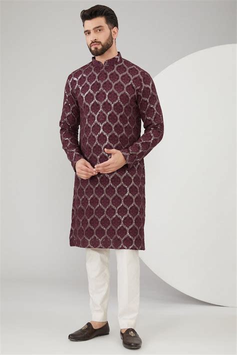 Wine Georgette Thread Work Chikankari Kurta
