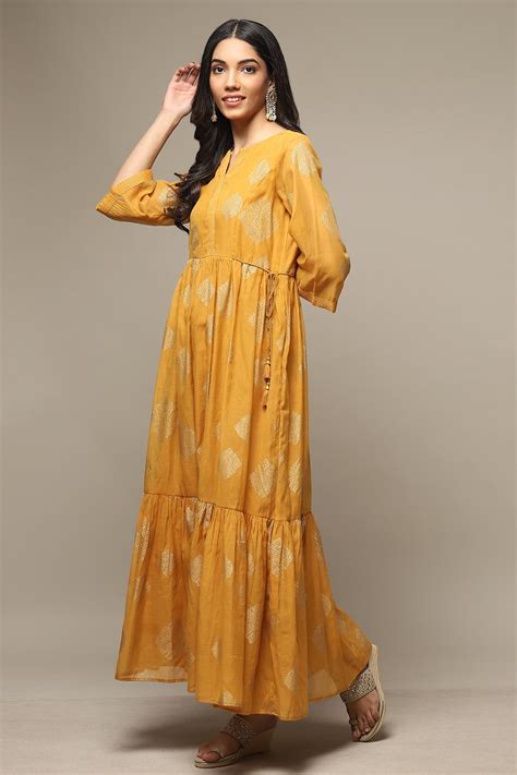 Golden Yellow Cotton Blend Tiered Printed Dress