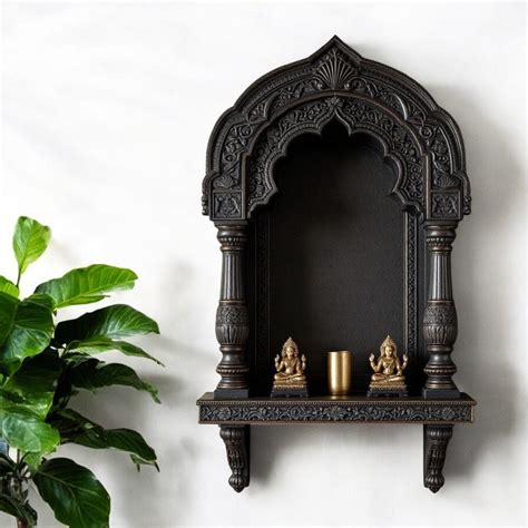Hand-Carved Dark Wood Archway Wall Niche - Temple Style Pooja Shelf, I ...