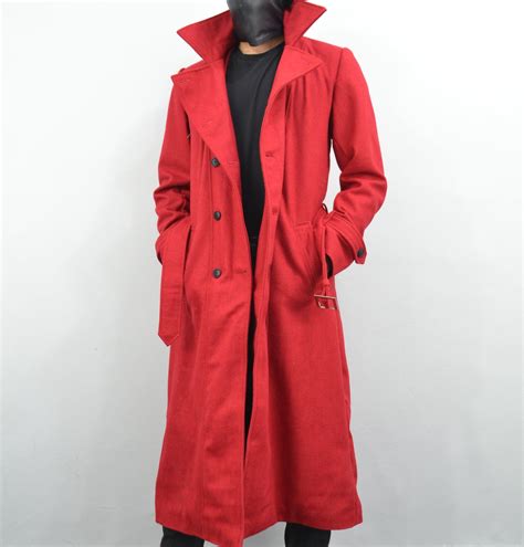 Men's Double-Breasted Red Long Genuine Wool Casual Belted Trench Coat ...