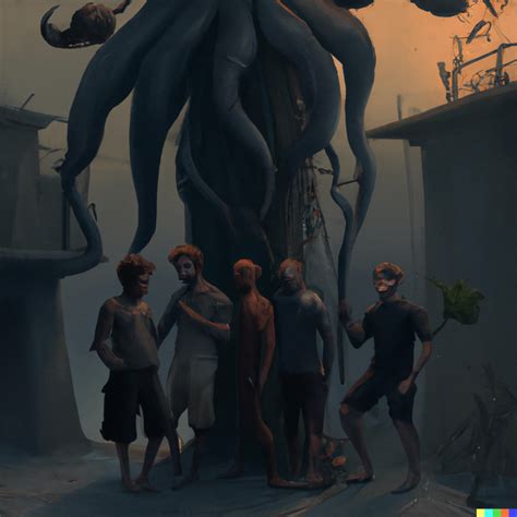 four men from England in an octopus' garden in the shade, digital art ...