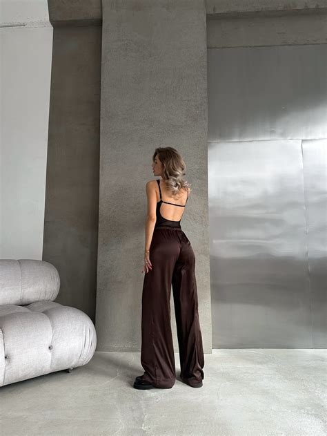Silk Pants Silk Trousers High-waisted Brown Silk Pants Silk Straight ...
