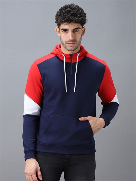Men's Blue, Red Cotton Color Block Hooded Neck Sweatshirt – Urbano Fashion