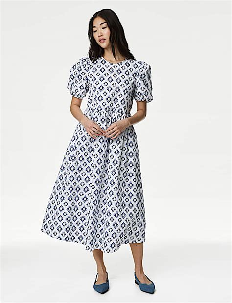 Buy Cotton Rich Printed Puff Sleeve Waisted Dress at Marks & Spencer