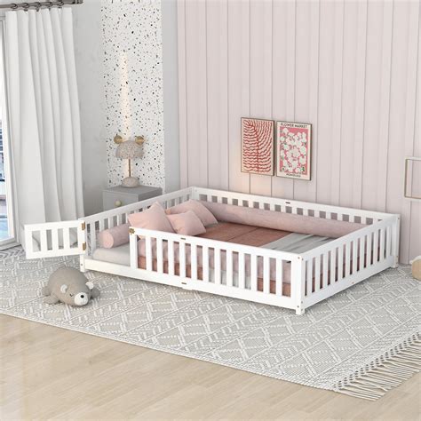 Bellemave Queen Size Floor Bed Frame with Fence-Guardrails & Lookable ...