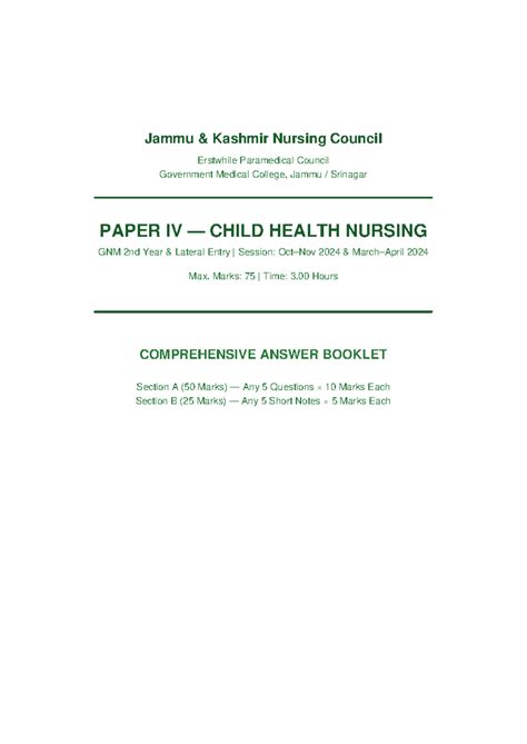 Child Health Nursing GNM 2nd Year Paper IV - Comprehensive Guide - Studocu