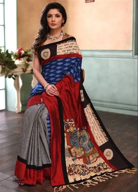 INDIAN LINEN SAREE Multi Colour Linen Saree (With Unstitched Blouse ...