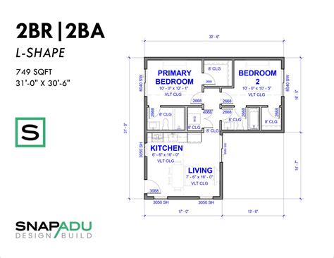 L-Shaped ADU Floorplan - 2 Bedroom plan under 750 sqft | Bedroom house ...