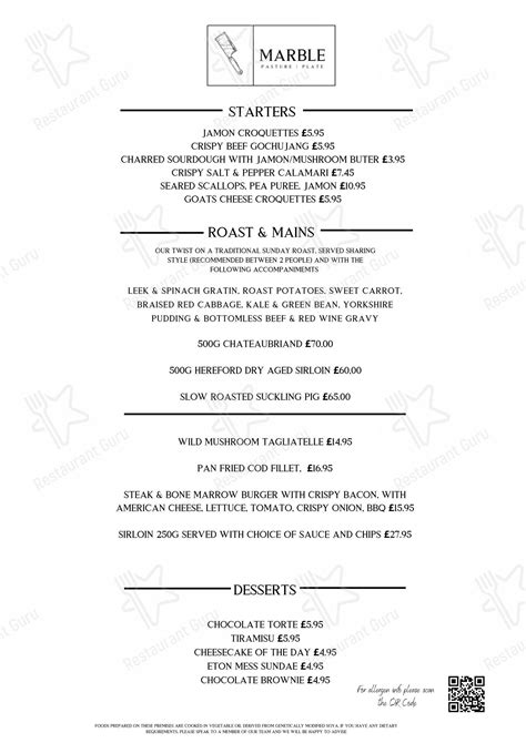 Menu at Marble Steakhouse, Bridgend