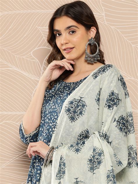 Blue Printed Flared Kurta And Trouser With Dupatta – Trendphoria
