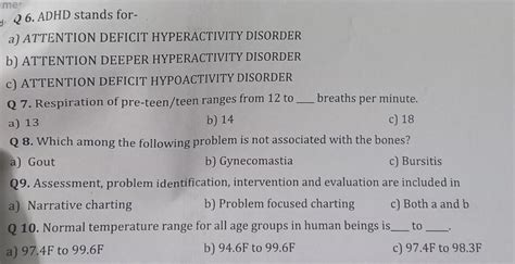 Q6. ADHD stands for- a) ATTENTION DEFICIT HYPERACTIVITY DISORDER b ...
