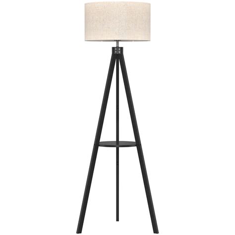 Wooden Tripod Floor Lamp with Shelf 60in High Mid-century Modern