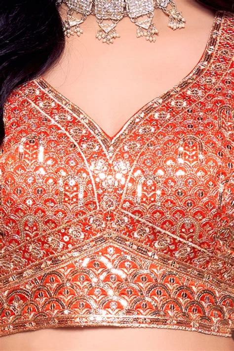 Orange Sequins and Zari work Crop Top Lehenga – Seasons Chennai