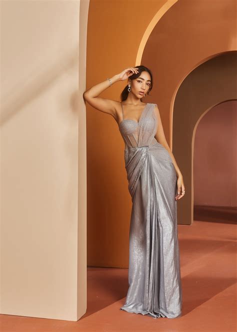 Buy Grey Glitter Georgette One- Piece Saree Set – Lea Clothing Co.