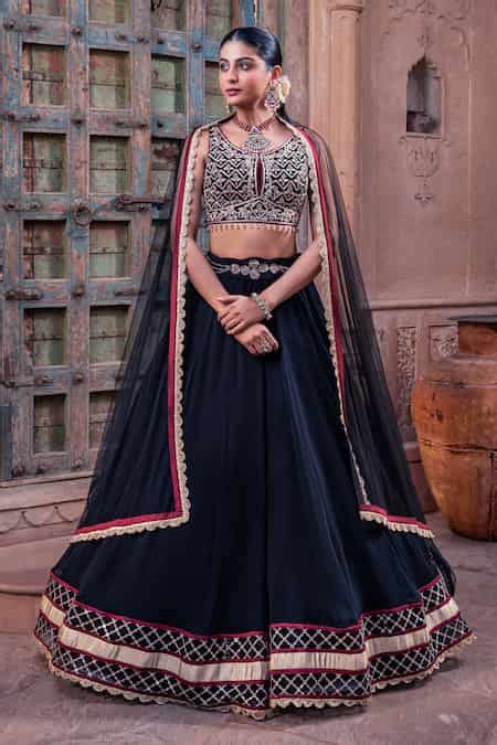 Buy Black Net, Viscose, Georgette Embroidery Round Neck Lehenga Set For ...