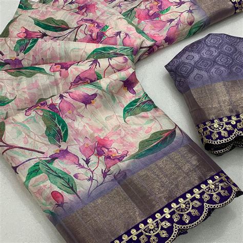 Cream & Violet Floral Digital Printed Tussar Silk Saree With Sequins E