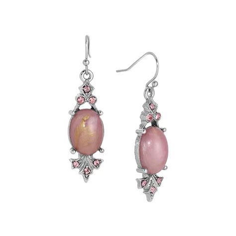 1928 Silver Tone Pink Oval Stone & Crystal Drop Earrings