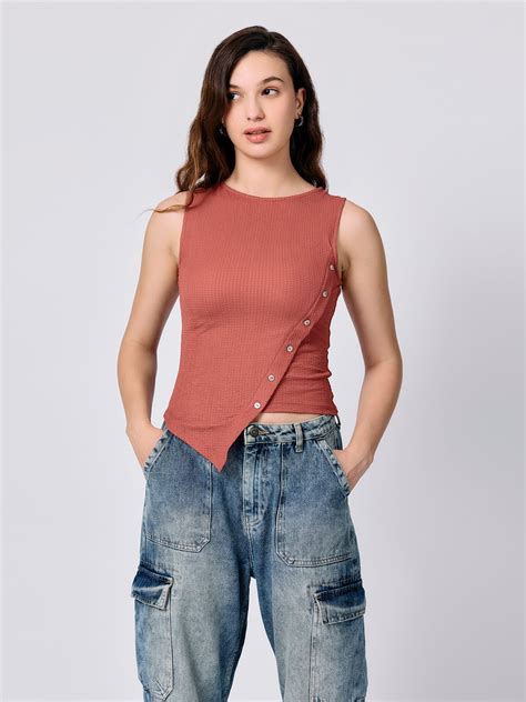 Shop Coral Textured Assymetric Hem Tank - for Women | OUTZIDR | Gen-Z Style