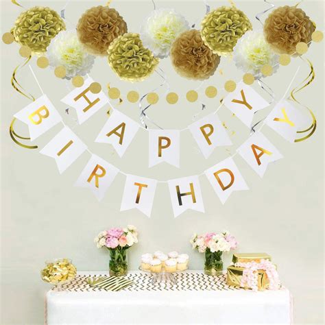LITAUS Birthday Decorations, Chic White and Gold Happy Birthday ...