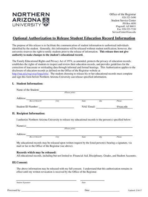 2017-2026 NAU Optional Authorization to Release Student Education ...