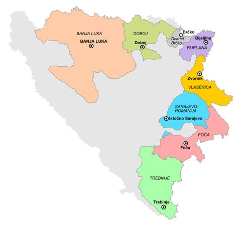 The 7 regions of Republika Srpska with their capitals (Brčko District ...