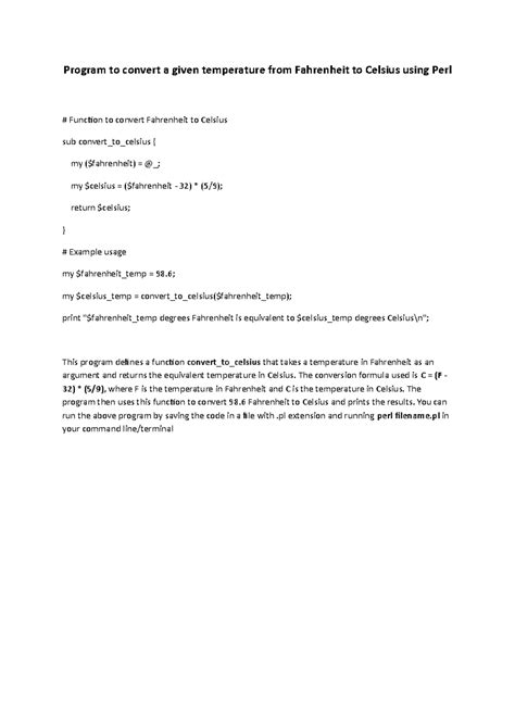 Fahrenheit to Celsius using Perl - Program to convert a given temperature from Fahrenheit to ...