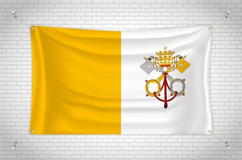 Vatican City flag hanging on brick wall. 3D drawing. Flag attached to the wall. Neatly drawing ...