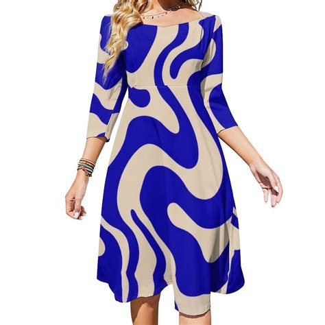 Abstract Blue Beige Swirl Art Women's 3/4 Sleeve Dresses Elegant A-Line ...