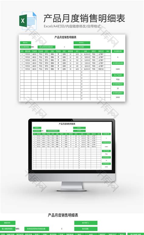 产品月度销售明细表Excel模板_千库网(excelID：174557)