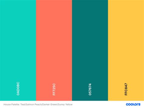 House Palette: Teal/Aqua, Peach/Salmon, Darker Blue-Green, Sunny Yellow