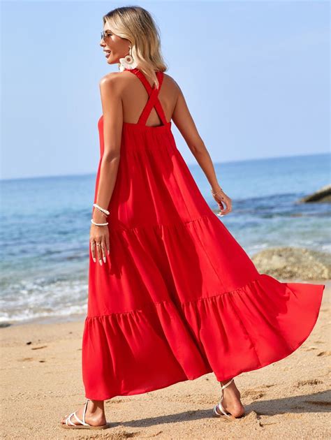 SHEIN VCAY Solid Ruffle Hem Halter Dress | SHEIN USA