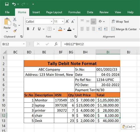 Image result for XSL Format Debit Note Format in Excel