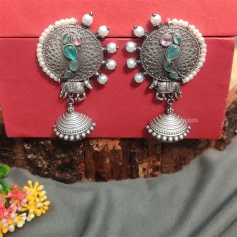 "Dhenu" Silver Look Alike Oxidized Earrings – The Beta Girl Jewellery